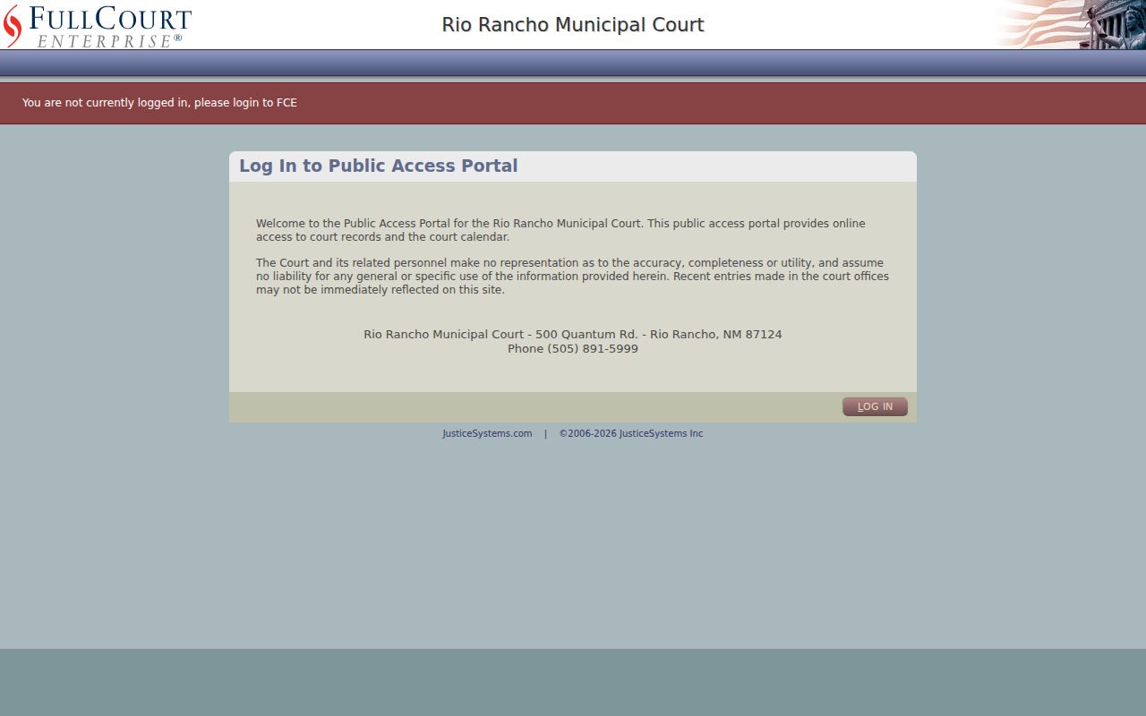 Rio Rancho resident lookup view of the Municipal Court public-access portal